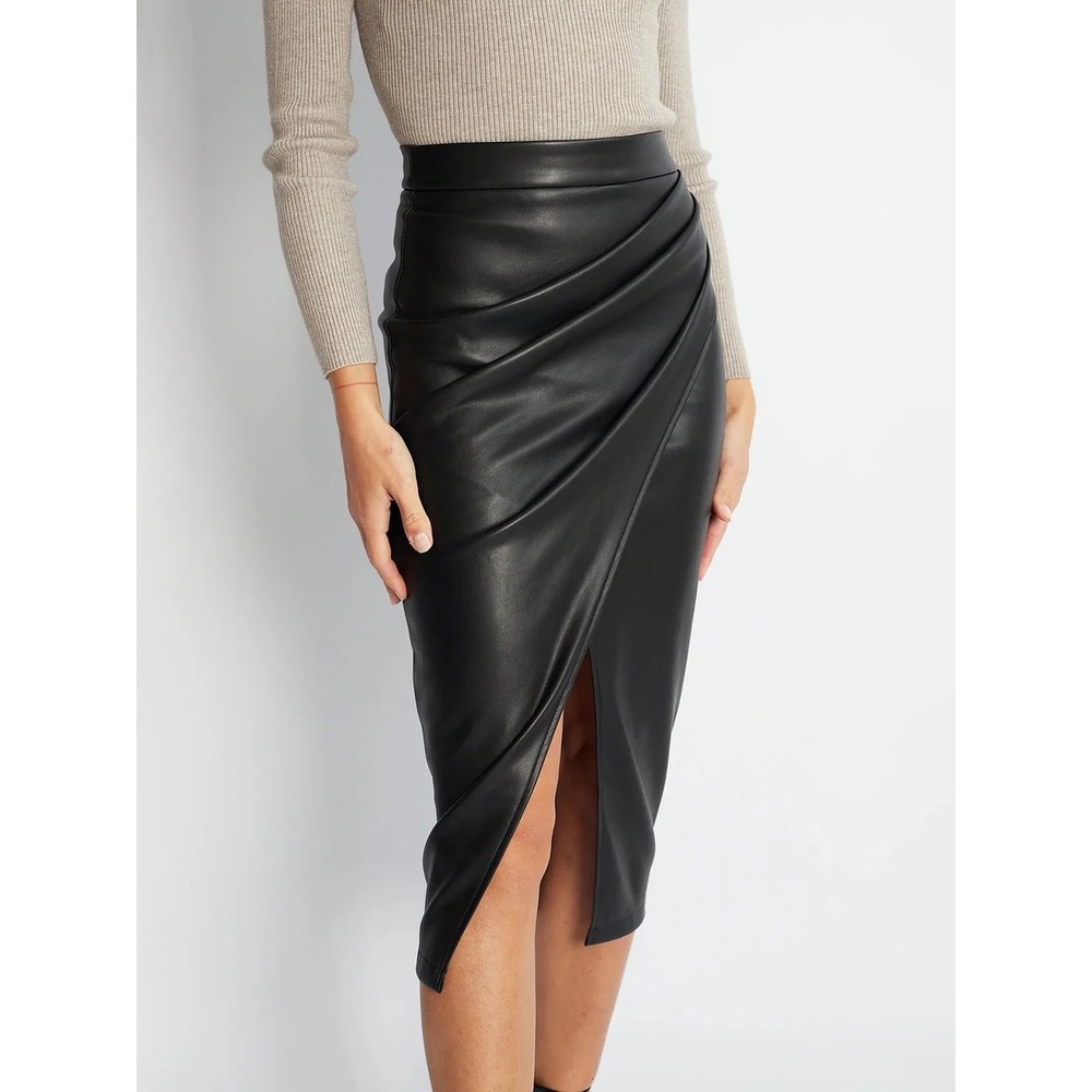 Commense Faux Leather Black Midi Skirt Tulip Drape Front Slit Pencil Size M‎
